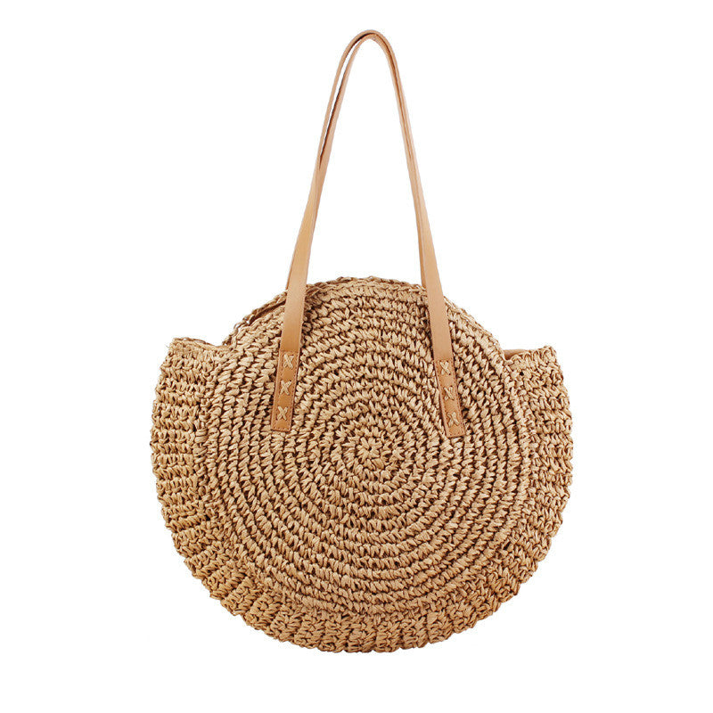 Handgewebte runde Damen-Umhängetasche, Handtasche, böhmischer Sommer-Stroh-Strandtasche, Reise-Shopping, weibliche Tragetasche, Korbtaschen