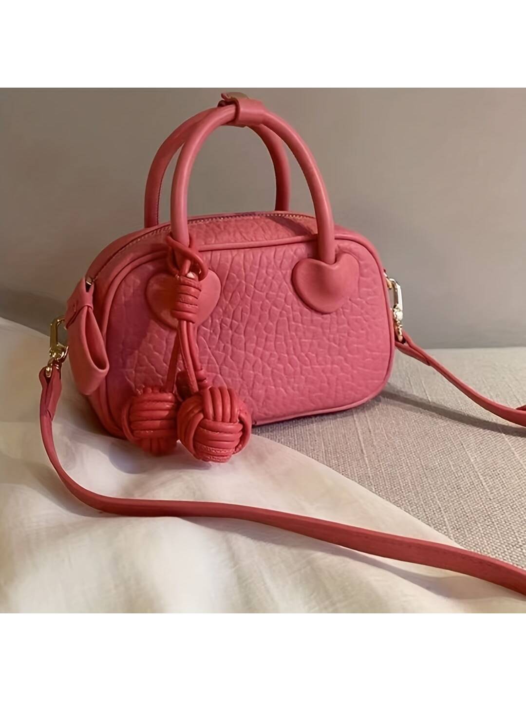 Barabum Miniature Fashionable Lychee-patterned Pu Handbag With Pendant