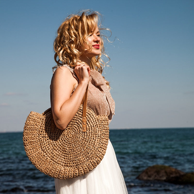 Handgewebte runde Damen-Umhängetasche, Handtasche, böhmischer Sommer-Stroh-Strandtasche, Reise-Shopping, weibliche Tragetasche, Korbtaschen