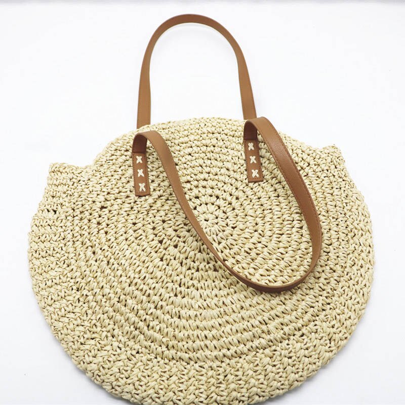 Handgewebte runde Damen-Umhängetasche, Handtasche, böhmischer Sommer-Stroh-Strandtasche, Reise-Shopping, weibliche Tragetasche, Korbtaschen