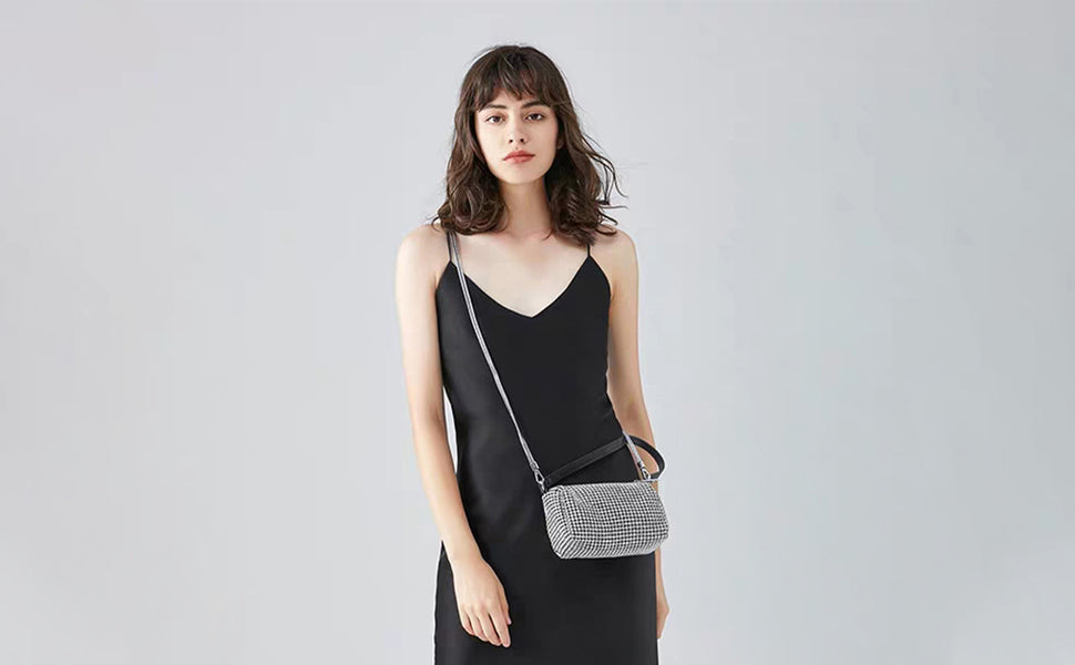 Barabum Crystal Rhinestone Crossbody Bags for Women Bling Purse Mini Top Handle Handbag Chain Mesh Clutch for Party