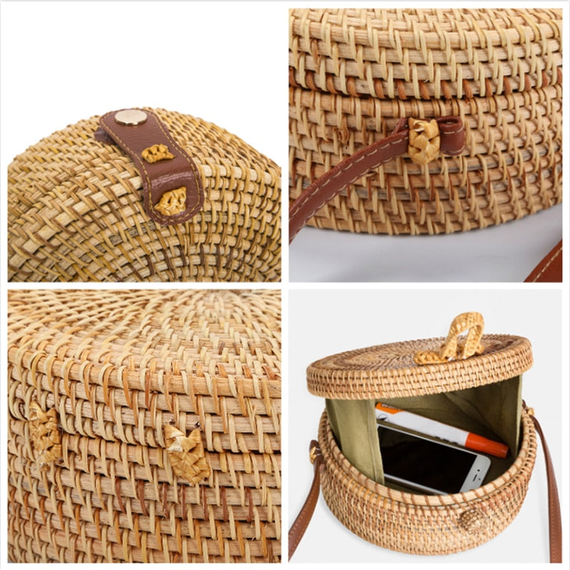 Runde Umhängetasche aus Rattan-Sommerstroh von Barabum